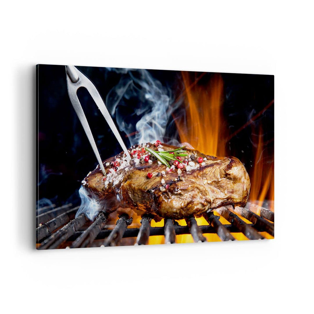 Bilder auf Leinwand 100x70cm Leinwandbild Steak Grill Flammen Essen Gross Wanddeko Bild Schlafzimmer
