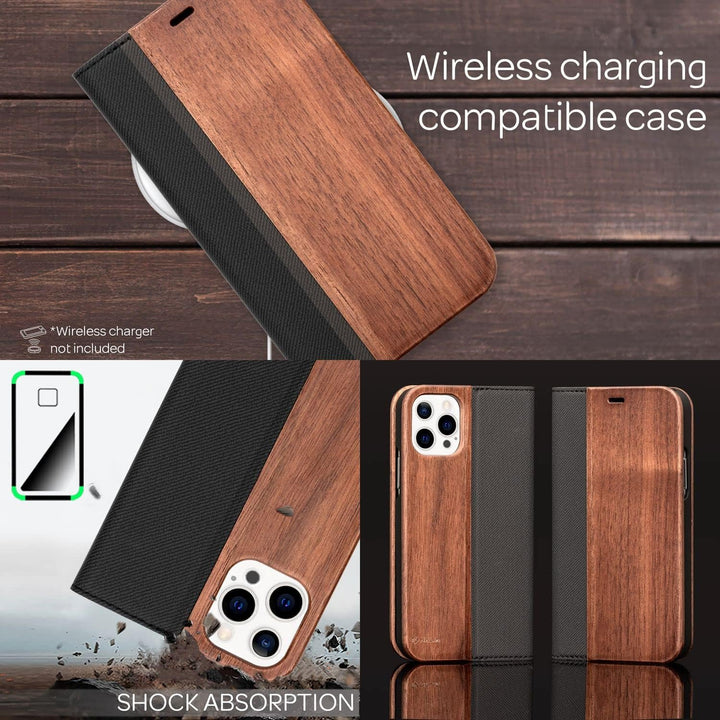 NALIA Echt-Holz Flipcase kompatibel mit iPhone 13 Pro Max Hülle, FSC zert. Natur Holzhülle mit Stand