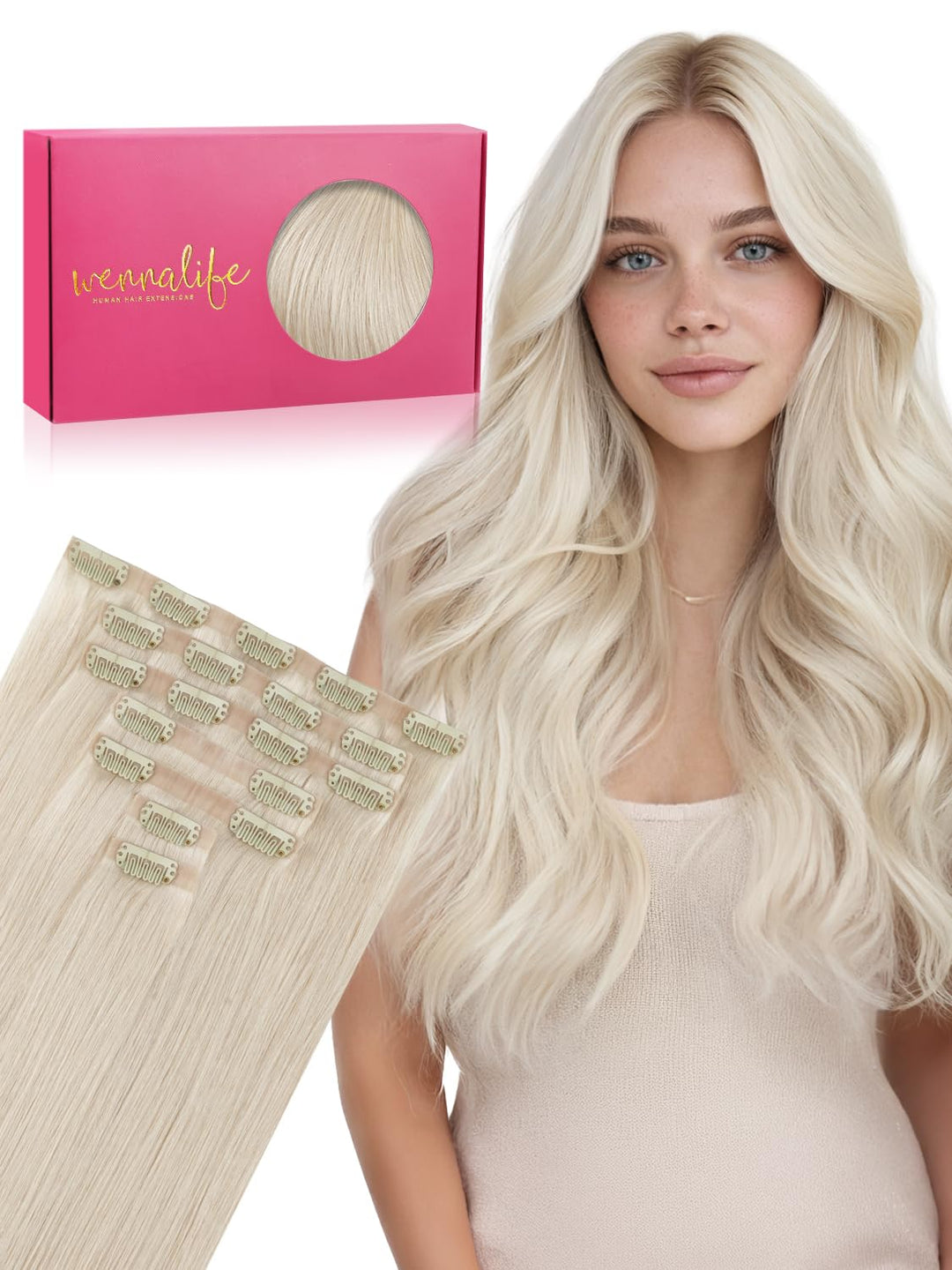 WENNALIFE Nahtlose Clip In Extensions Echthaar, 35cm 9pcs 130g Platinblond Echthaar Extensions Clip