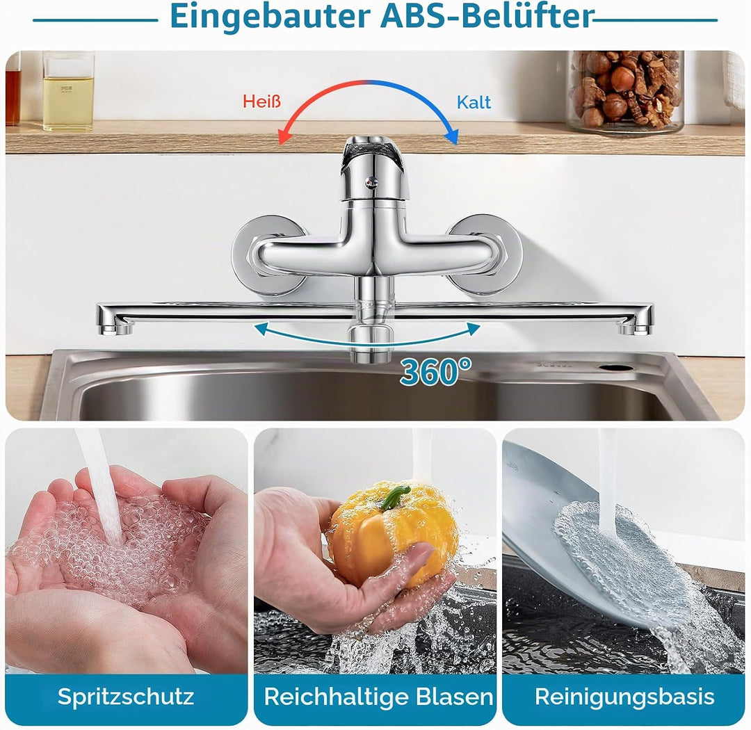 Wasserhahn Küche Wandmontage, 360° Drehbar Wasserhahn Mischbatterie Küche Wandarmatur, Einhebelmisch