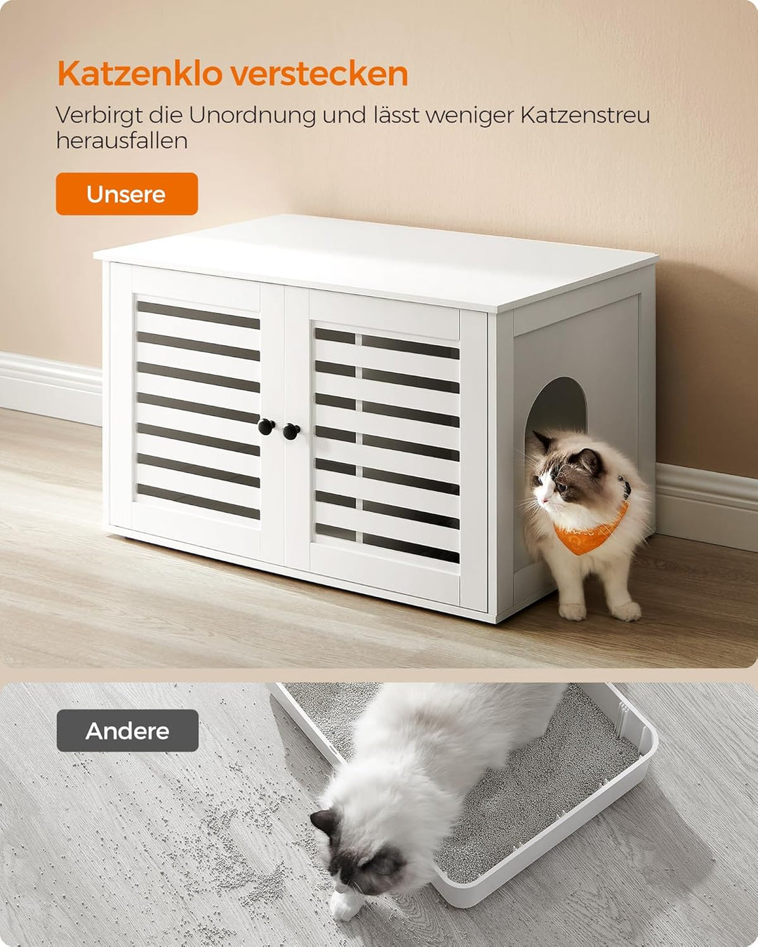 Feandrea Katzenklo-Schrank, Katzenhaus mit herausnehmbarer Trennwand, 2 Lamellentüren, Katzentoilett
