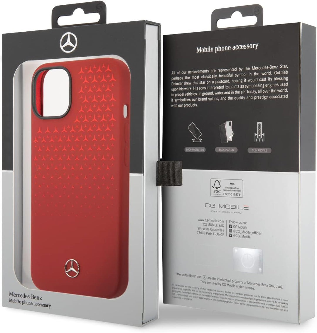 CG MOBILE Mercedes-Benz Schutzhülle für iPhone 14 Plus in Rot Farbverlauf Stern Muster Flüssigsiliko