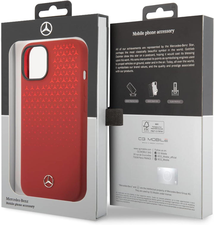 CG MOBILE Mercedes-Benz Schutzhülle für iPhone 14 Plus in Rot Farbverlauf Stern Muster Flüssigsiliko
