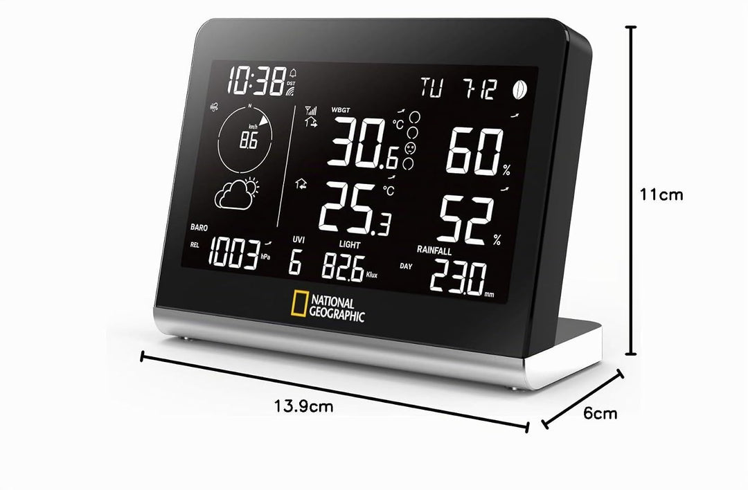 National Geographic Funkwetterstation SC mit 8-in-1-Aussensensor, Farbwechsel-Display, Temperatur, L