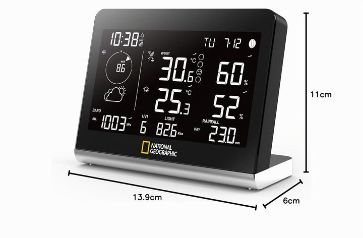 National Geographic Funkwetterstation SC mit 8-in-1-Aussensensor, Farbwechsel-Display, Temperatur, L