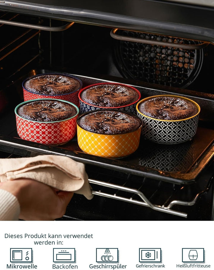 DOWAN Creme Brulee Schälchen mit Deckeln, 6 X 180ml Porzellan Souffle Förmchen Backofenfest, Auflauf