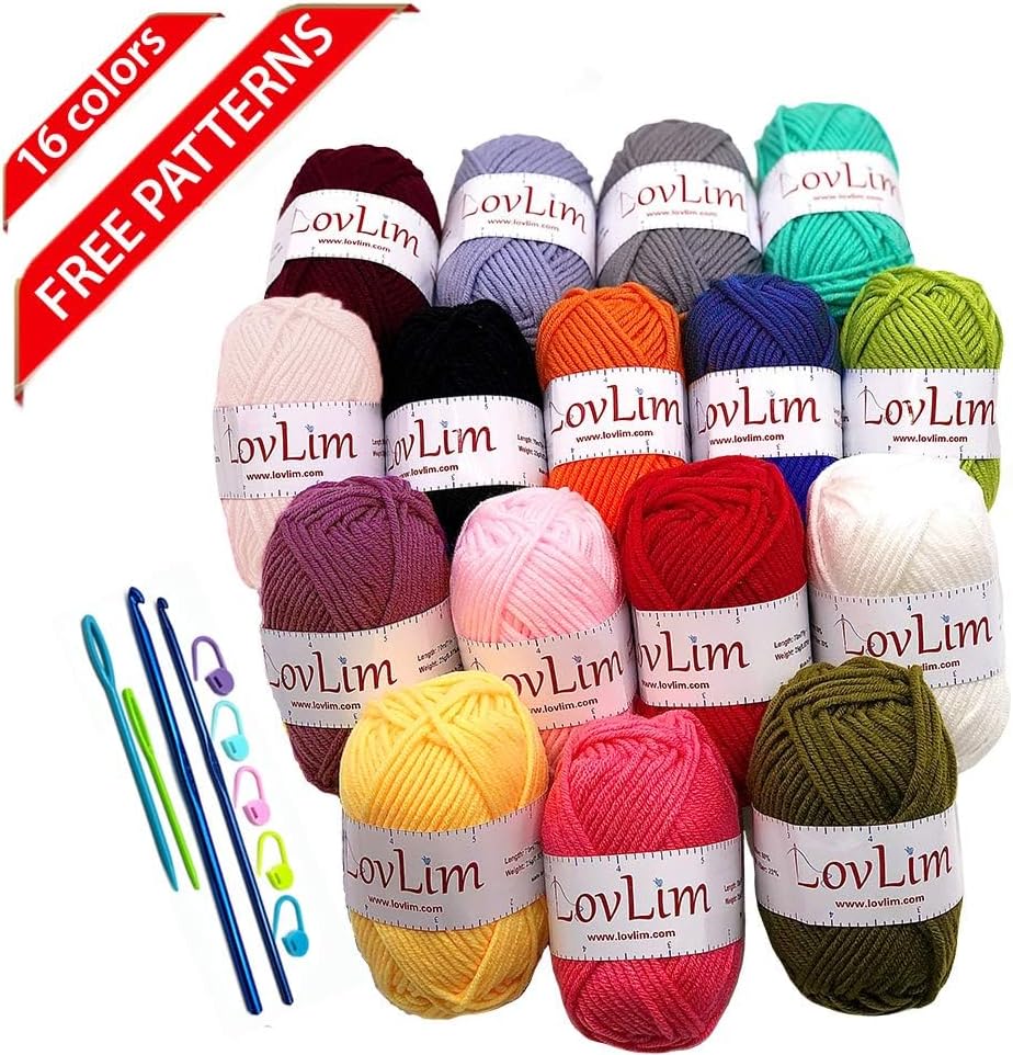 LovLim Häkelgarn-Set, 16 weiche Baumwollgarnknäuel, 914 m lang, zum Häkeln und Stricken, Häkel-/Amig