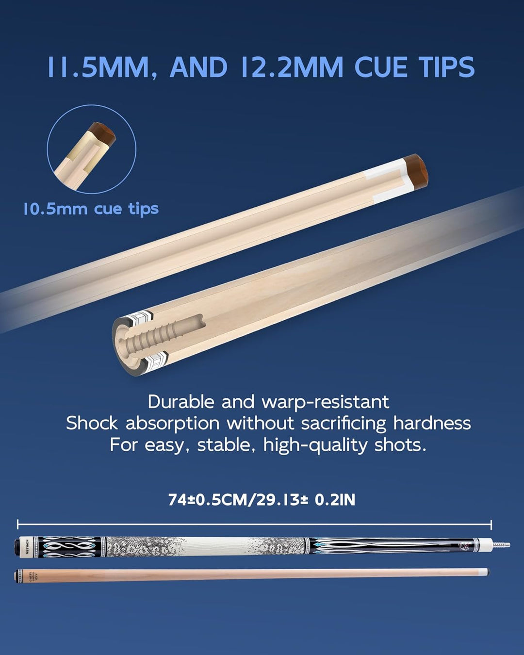 KONLLEN Billardqueue-Stick mit niedriger Ablenkung, mit Verlängerung und Koffer (10,5 mm, 11,5 mm, 1