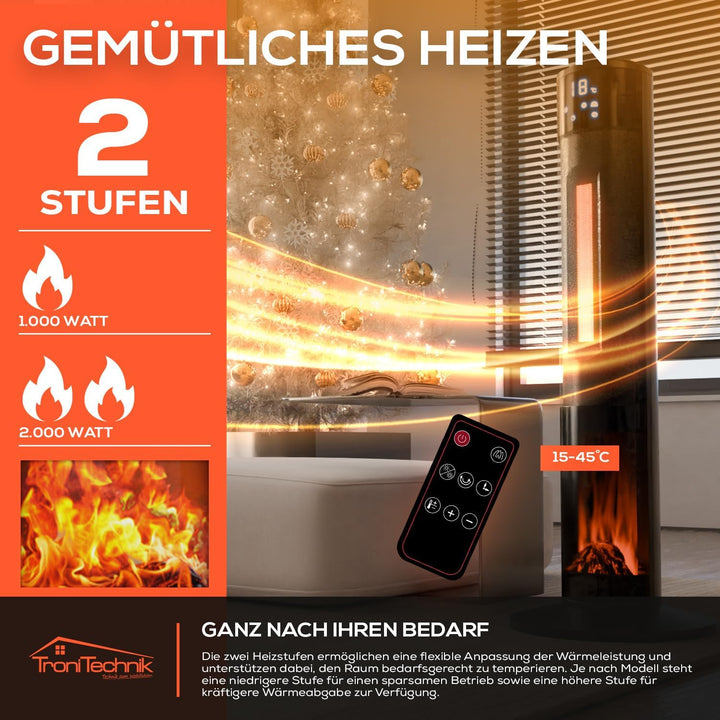 Tronitechnik® Heizlüfter Turmheizstrahler 1000 / 2000W Heizstrahler Standheizstrahler mit Fernbedien