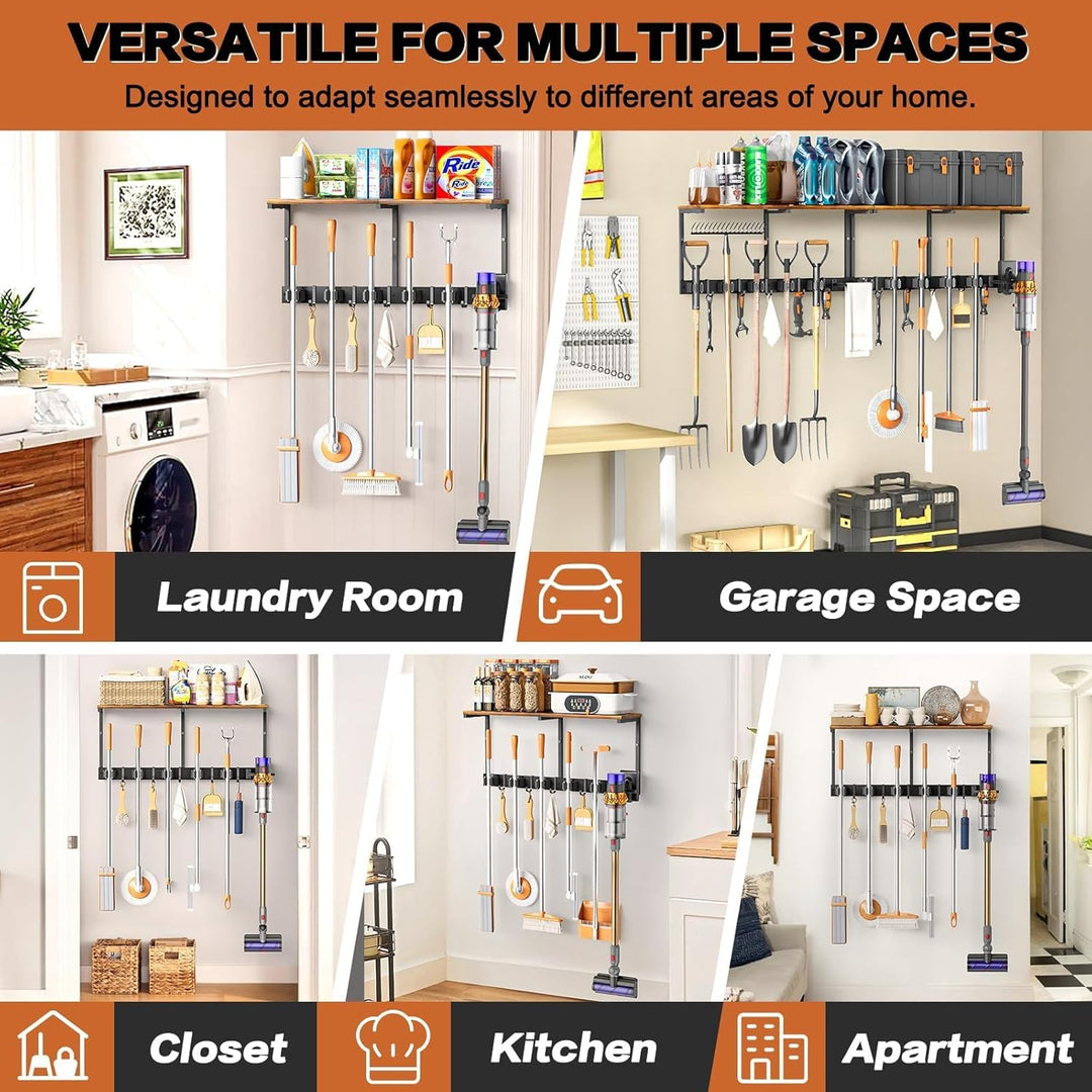VINCOURNA Besenhalterung Wand, Besenhalter mit 6 Halter und 4 Haken, Wandhalterung Besen mit Regal,