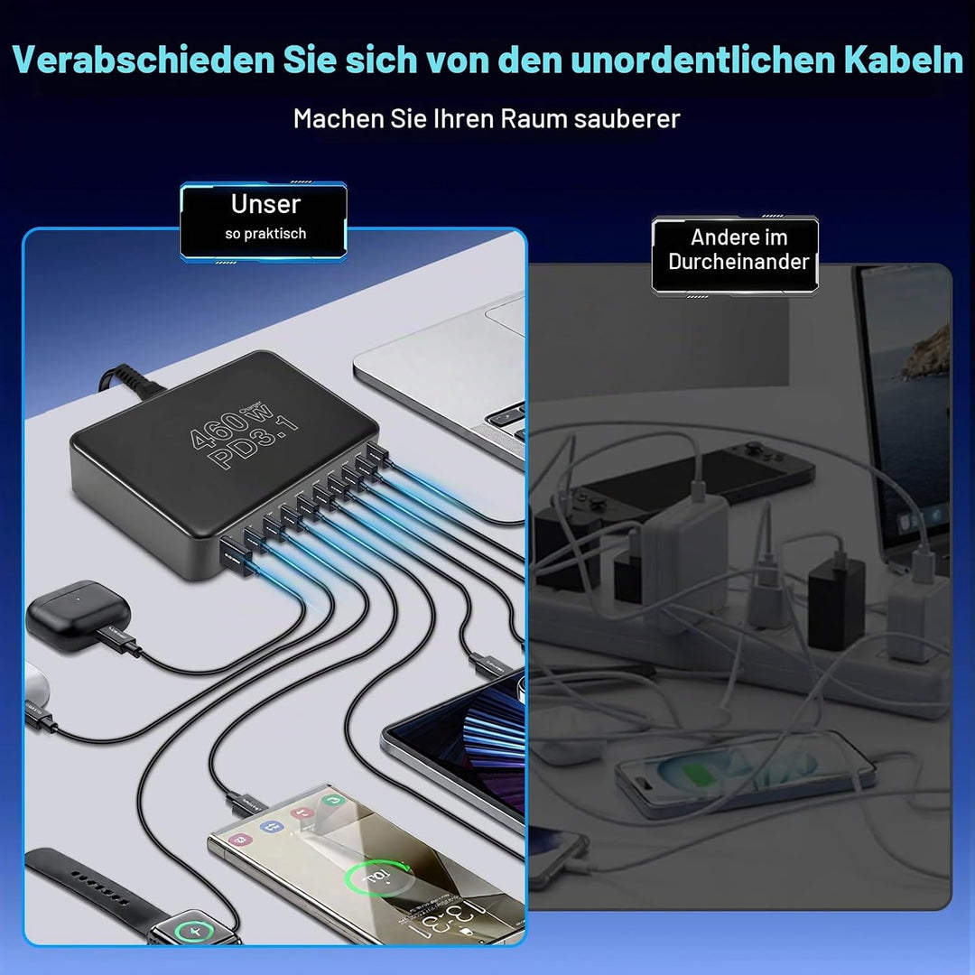 460W USB C Ladegerät Mehrfach, 10-Port Laptop Schnellladegerät Ladestation PD 3.1 100W/45W/35W/20W (