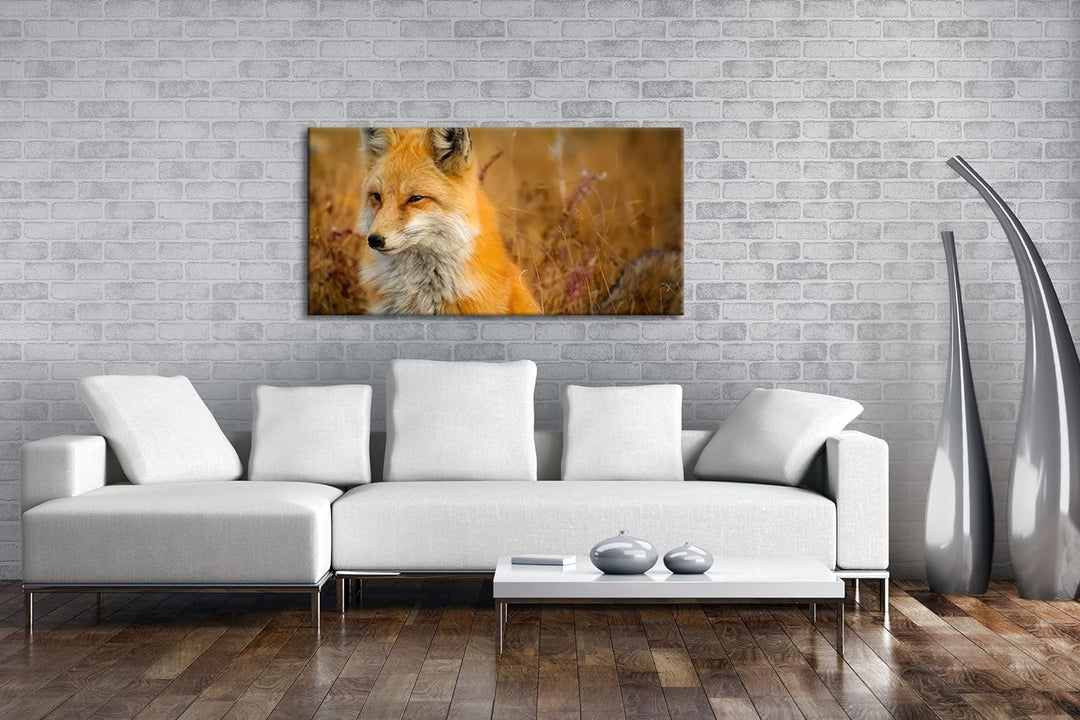 majestätischer Fuchs Panorama 80x40 cm als Leinwandbild, Motiv fertig gerahmt auf Echtholzrahmen, Ho