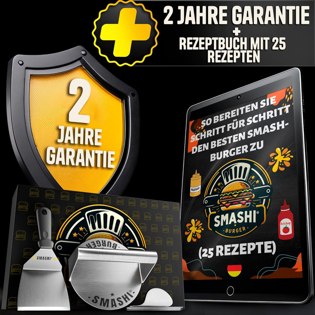SMASHI® Smash Burger Set aus Edelstahl 304 – Professionelles Set mit Antihaft-Presse, Grillspachtel