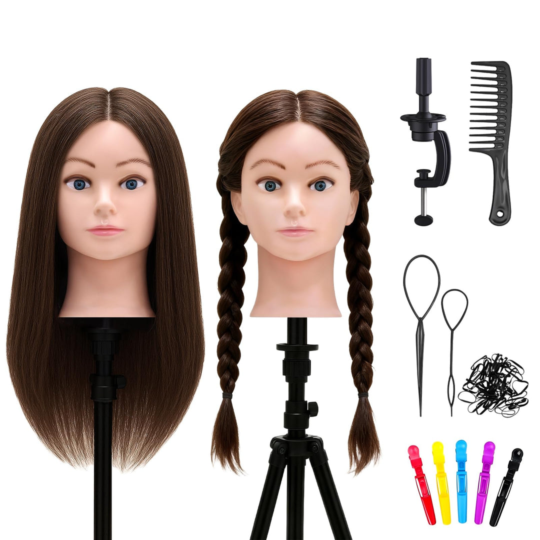 TwoWin Friseurkopf mit Haaren, 20 Zoll (50.8 cm) 100% Echthaar Mannequin Kopf, Übungskopf Haar Frise
