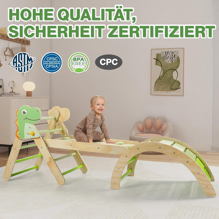 7-in-1 Montessori Kletterdreieck Set mit Rutsche, Kletterbogen & weichem Kissen – Holz Klettergerüst