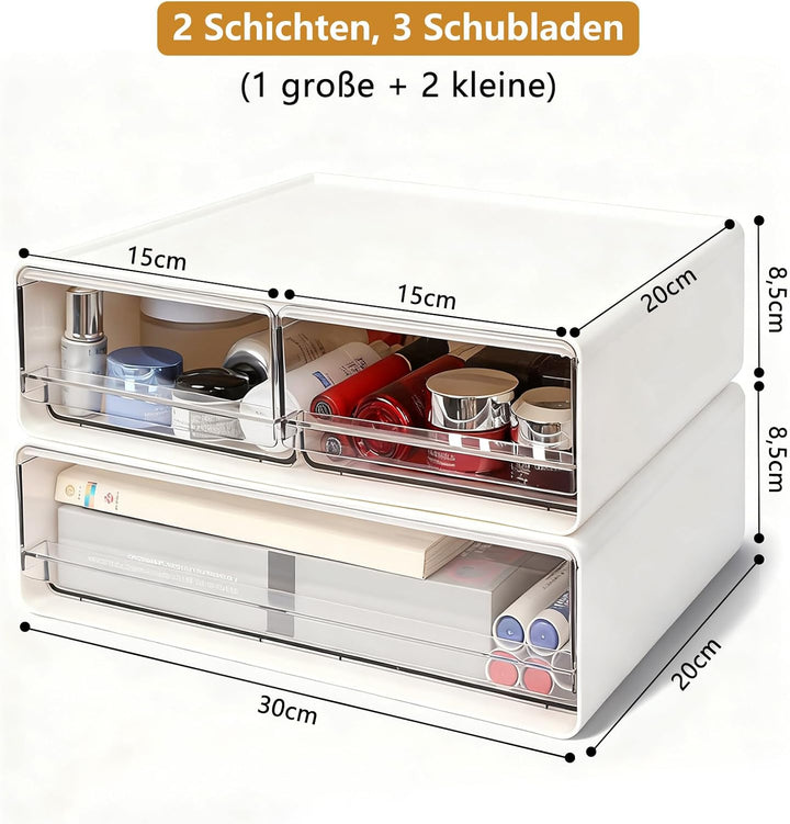Schubladenbox Schreibtisch mit 3-Schubladen: 2 Stück Büro Organizer mit Schubladen Gross, Stapelbar