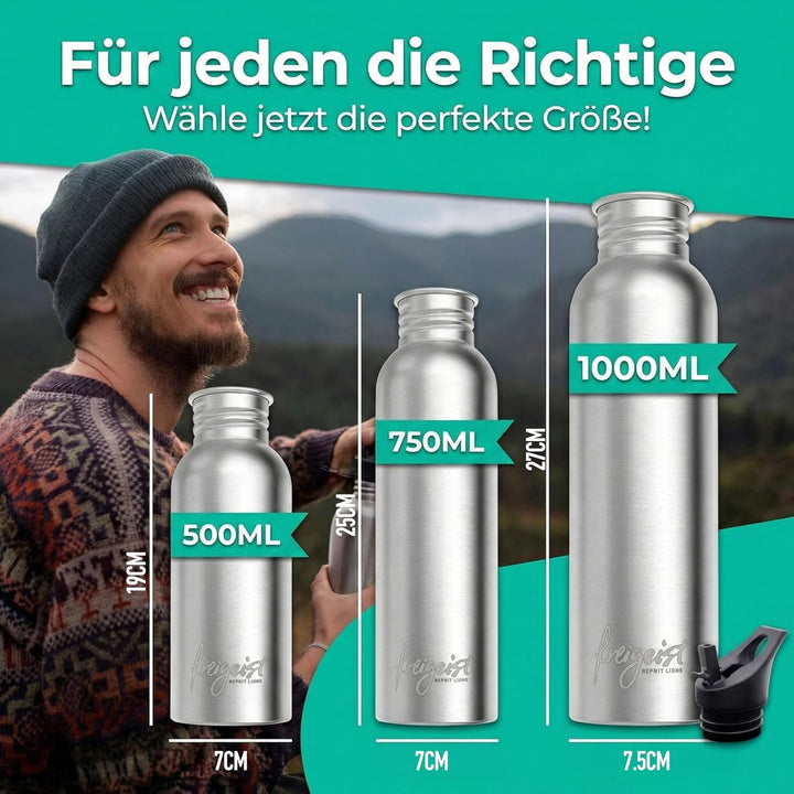Die Trinkflasche Edelstahl 500ml + EXTRA Sportverschluss, Edelstahl Trinkflasche 750ml, 500ml + 350