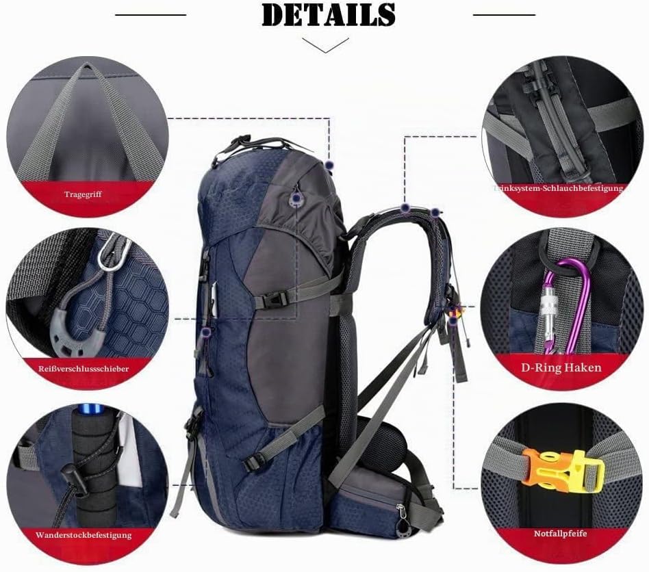Bseash 60L Wasserdichter leichter Wanderrucksack mit Regenschutz, Outdoor Sport Tagesrucksack Multif