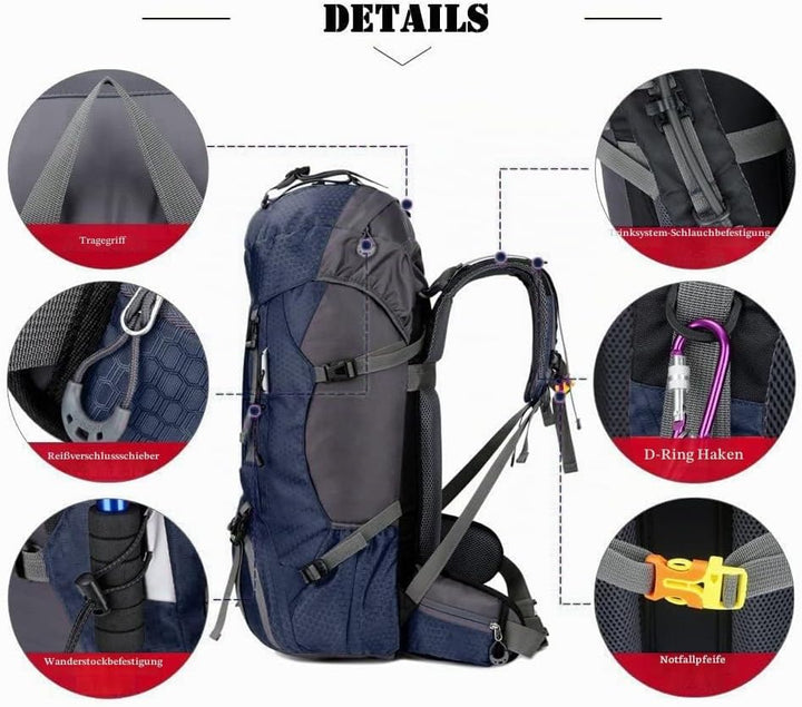 Bseash 60L Wasserdichter leichter Wanderrucksack mit Regenschutz, Outdoor Sport Tagesrucksack Multif