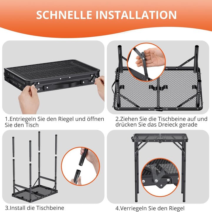 FUNYKICH Tragbarer Grilltisch 58 x 40cm, Campingtisch Outdoor Klappbar mit 3 Höhen Verstellbarer(26/