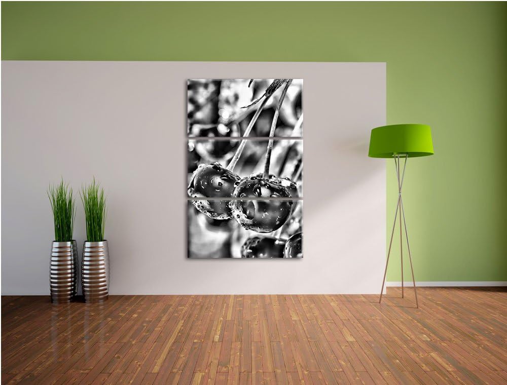 Pixxprint Frische Kirschen am Baum als Leinwandbild/Grösse: 3 Teilig (120x80) cm/Wandbild/Kunstdruck