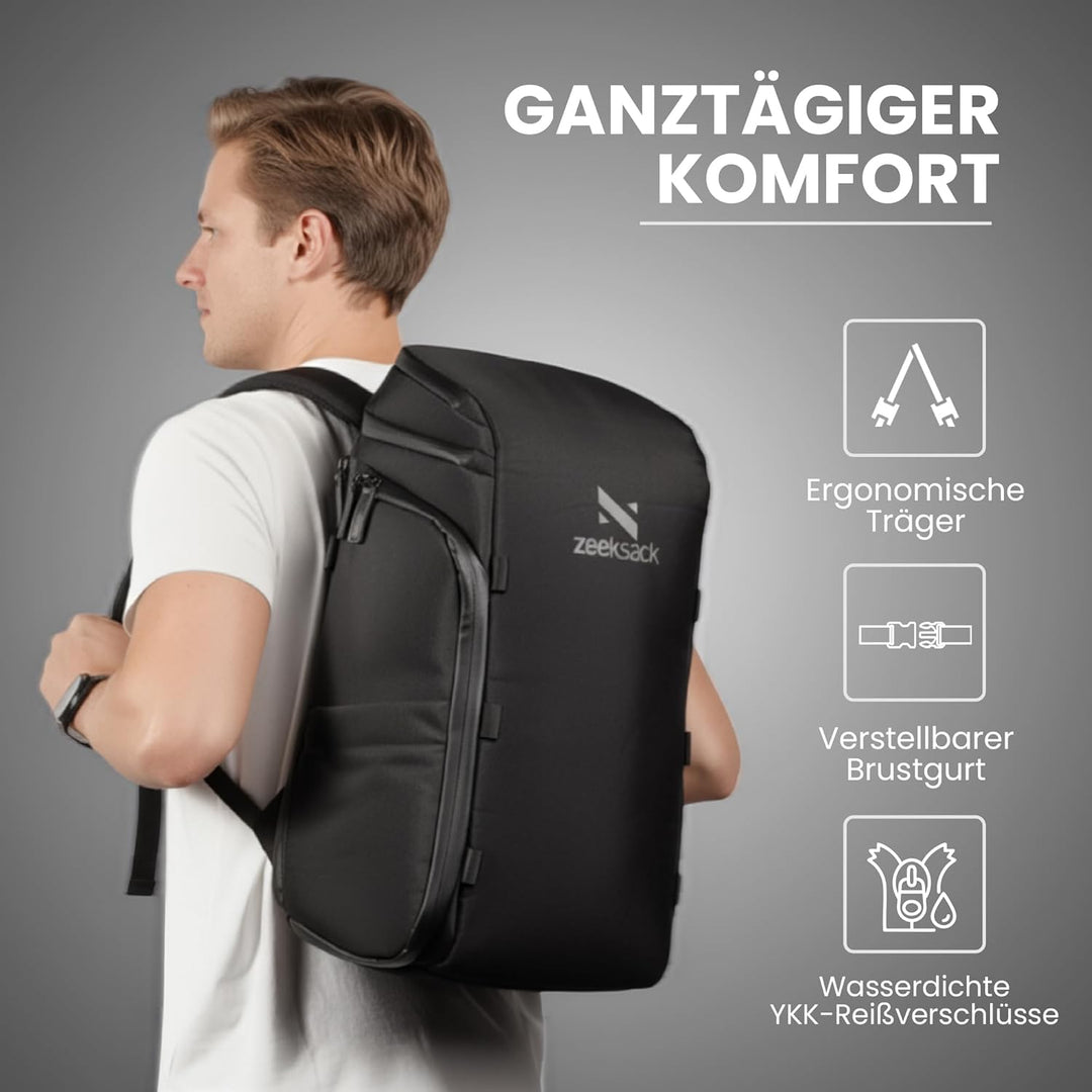 Zeeksack Rucksack Schwarz 20L - The Organizer Backpack & Reiserucksack mit Laptopfach, herausnehmbar