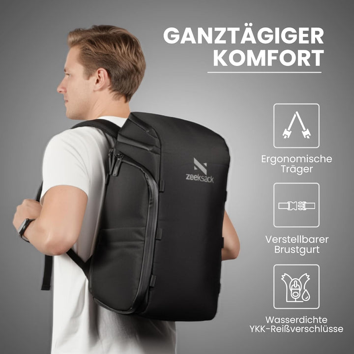 Zeeksack Rucksack Schwarz 20L - The Organizer Backpack & Reiserucksack mit Laptopfach, herausnehmbar