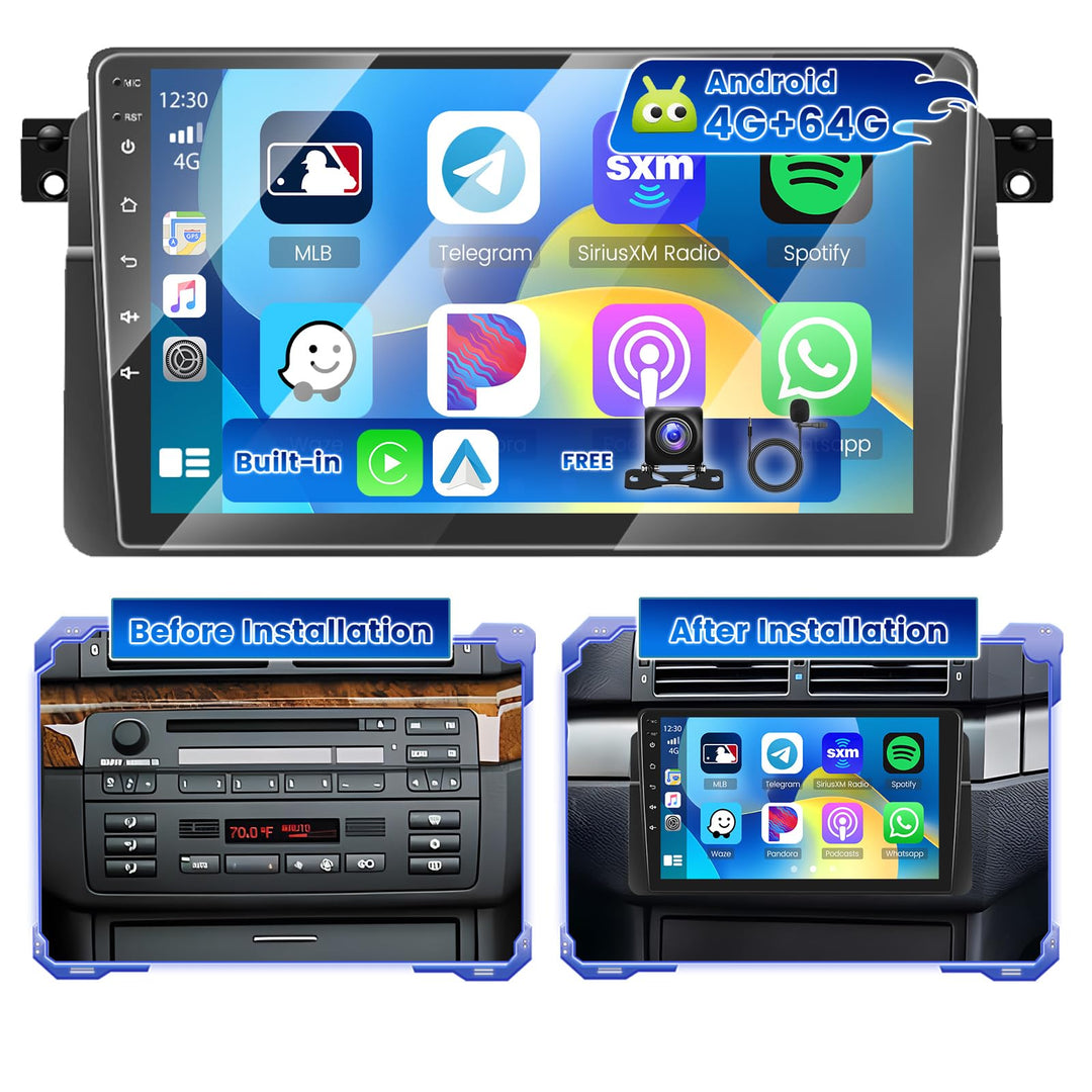 Hikity 4G+64G Autoradio Android 15 für BMW Serie 3 E46 1999-2005 mit 9-Zoll-Touchscreen, Stereo 2 DI