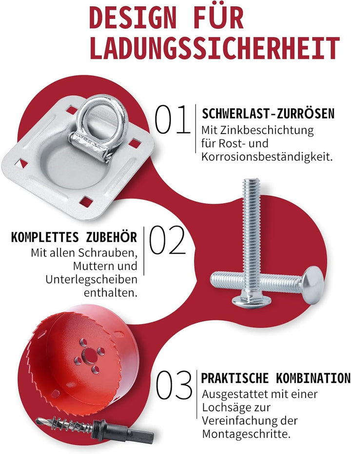 Anhänger Zurrösen mit Gegenplatten 4 Stück | Zurrmulden Zurrösen mit Lochsäge | 800daN Für Anhänger