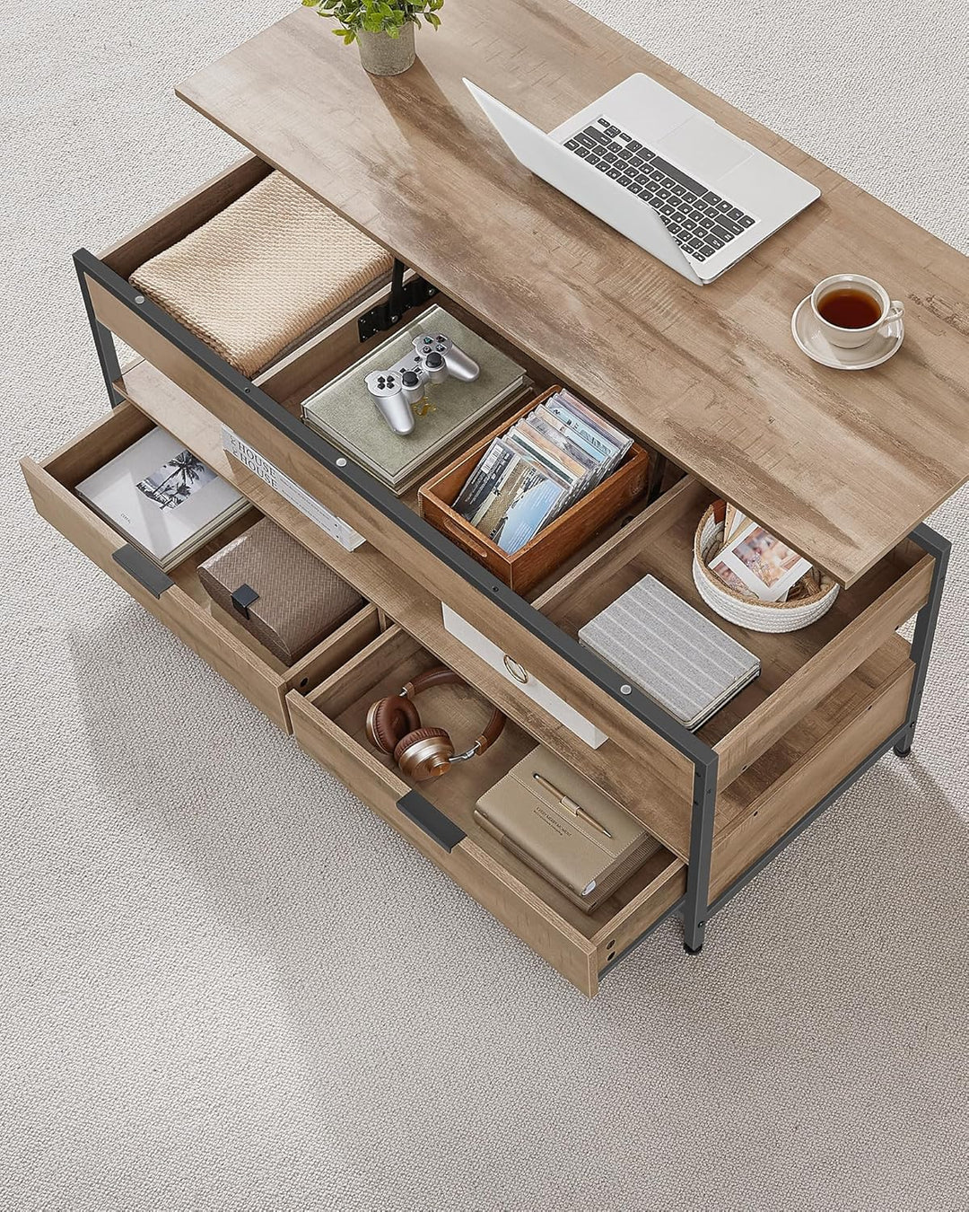 VASAGLE Couchtisch, höhenverstellbarer Wohnzimmertisch, Kaffeetisch, mit Schubladen, offenes Fach, 5