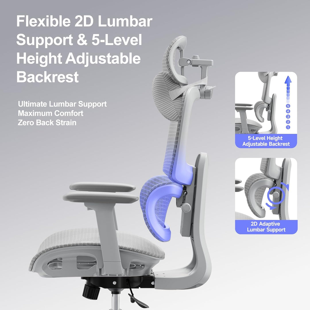 Ergonomischer Bürostuhl Schreibtischstuhl, Netzstoff Drehstuhl mit 2D-Lendenwirbelstütze & 3D-Kopfst