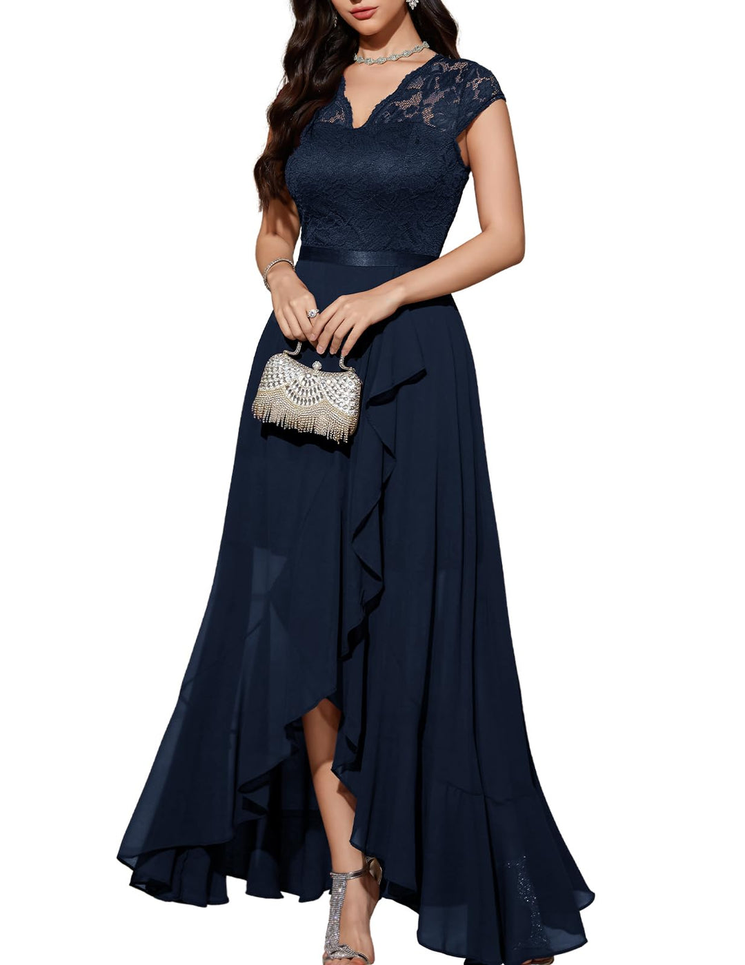 Bbonlinedress Abendkleider elegant für Hochzeit Spitzenkleid Chiffon Hi-Lo Kleid Brautjunferkleid Pa