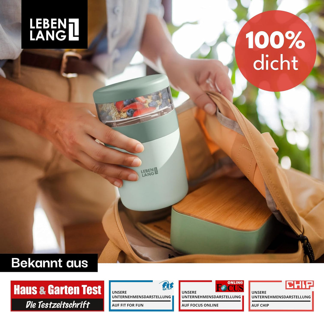 LEBENLANG Müsli To Go Becher mit Löffel - 650ml &amp; Isolierende Edelstahlinnenwand I Müsli 2 Go Becher