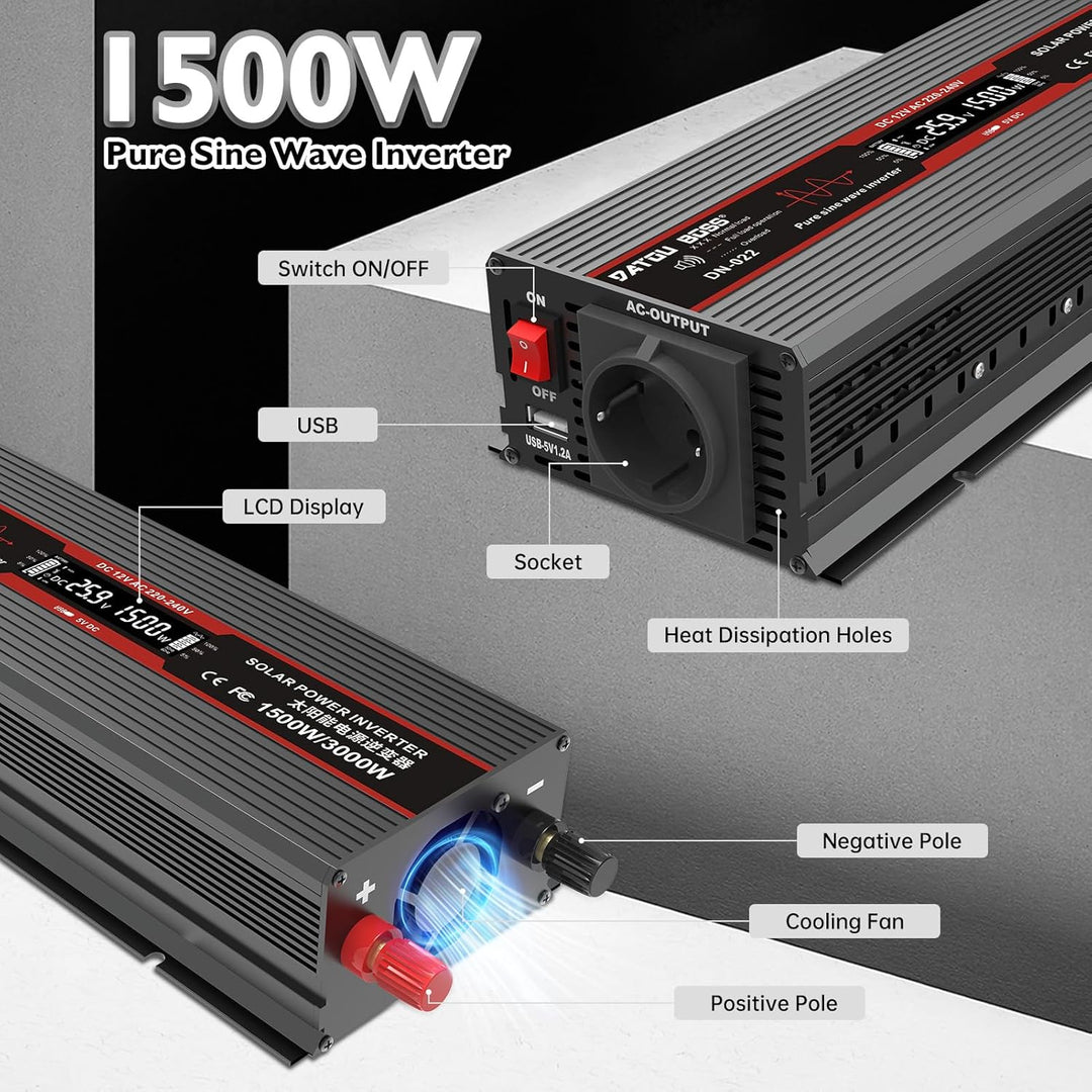 DATOUBOSS Wechselrichter 24v auf 230v Reiner Sinus 1500W/3000W Spannungswandler mit LCD-Display,USB