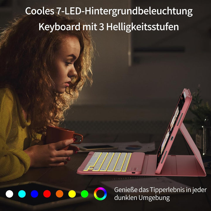 Hülle mit Tastatur für iPad A16 11/10 Generation (2025/2022, 11/10.9 Zoll)- 7 Farben Beleuchtete Mag