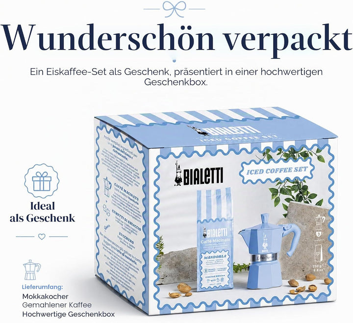 Bialetti Espressokocher Express aus Aluminium, 3 Tassen, türkis, mit gemahlenem Mandelkaffee, 250 g,