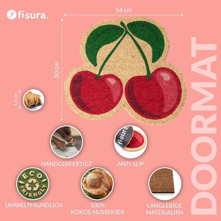 Fisura – Originelle Kokosfussmatte Kirschen“ mit Rutschfester PVC-Unterseite. Rote und grüne Türmatt