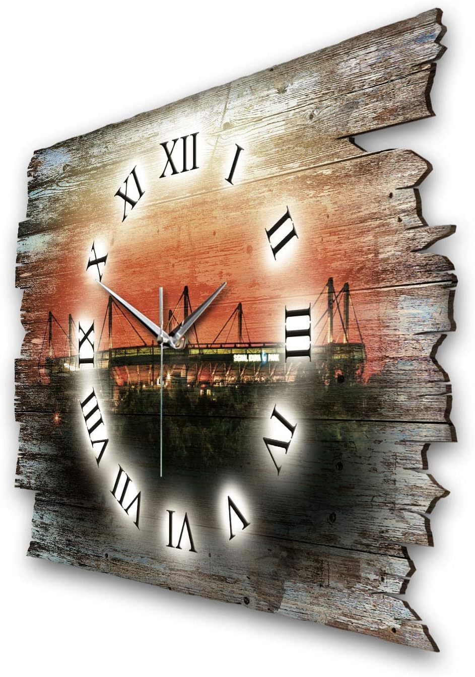 Kreative Feder Dortmund Stadion Landhaus Shabby Style Designer Wanduhr Funkuhr aus Holz *Made in Ger
