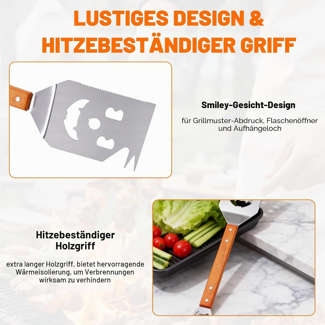 7 in 1 grillspachtel, 420 Edelstahl Grillbesteck Set für Barbecue Grill, mit 22 cm Holzgriff,Einziga