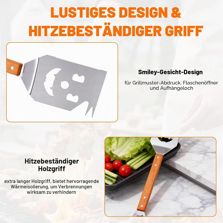 7 in 1 grillspachtel, 420 Edelstahl Grillbesteck Set für Barbecue Grill, mit 22 cm Holzgriff,Einziga