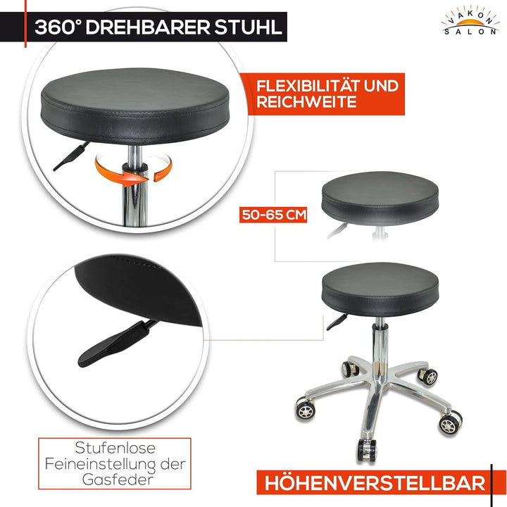 VAKON SALON - Rundhocker auf Rollen, höhenverstellbar von 50-65 cm Drehhocker, Rollhocker, Praxishoc