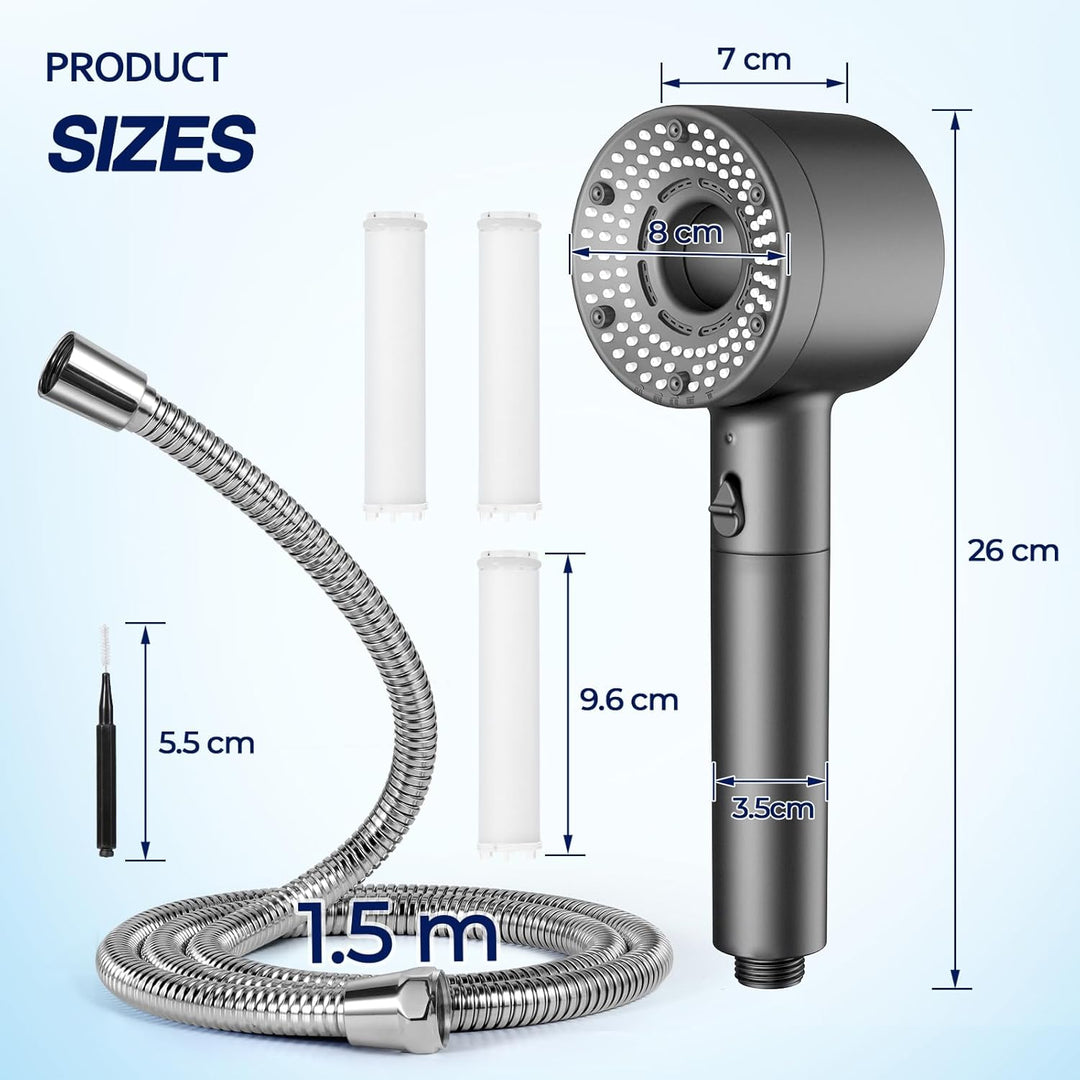 Duschkopf Wassersparend mit Schlauch 1.5 m, Antikalkfunktion Duschkopf mit 3-Schicht-Filtration, 5 S