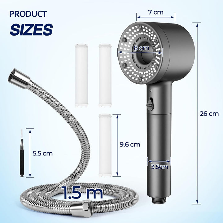 Duschkopf Wassersparend mit Schlauch 1.5 m, Antikalkfunktion Duschkopf mit 3-Schicht-Filtration, 5 S