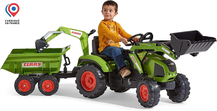 Falk – 1010W – Fahrrad und Fahrzeug für Kinder – Traktor Claas Axos + Schaufel + Bagger + Anhänger M