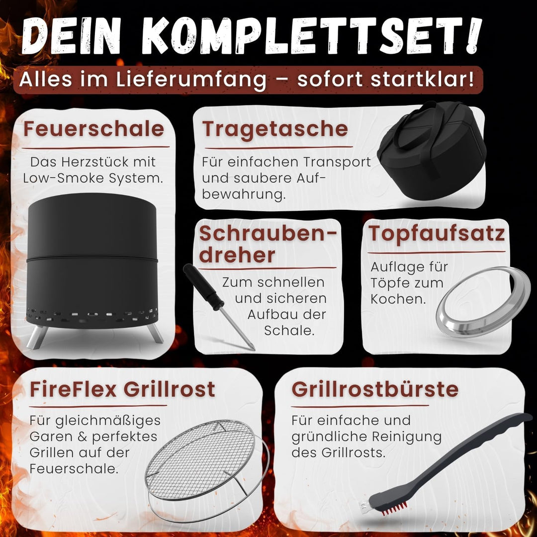 Heimfleiss® Rauchfreie Feuerschale Edelstahl Ø50cm | Feuerkorb mit Grillrost | Feuerschale Rauchfrei