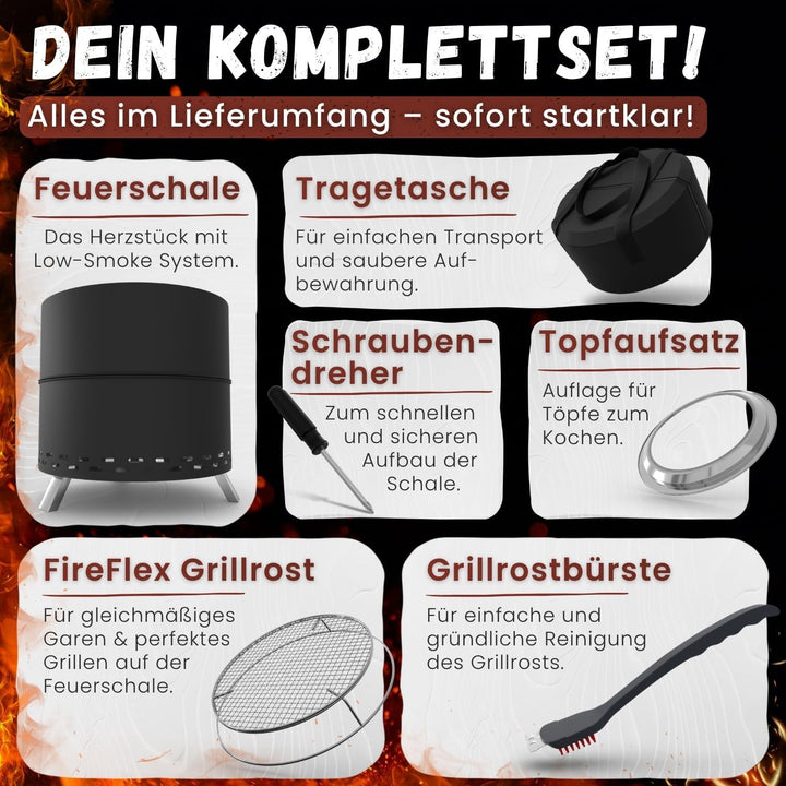 Heimfleiss® Rauchfreie Feuerschale Edelstahl Ø50cm | Feuerkorb mit Grillrost | Feuerschale Rauchfrei
