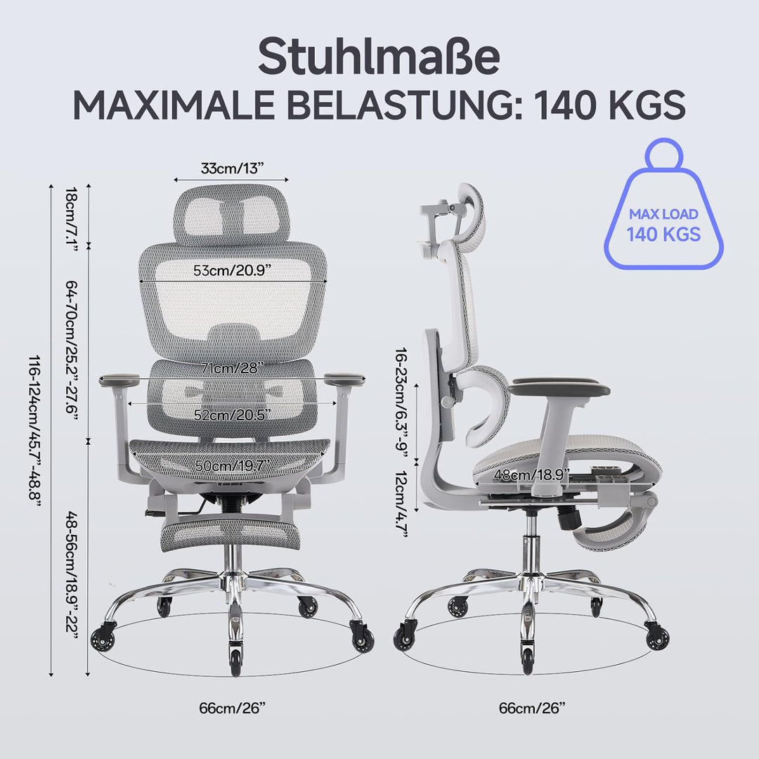 Ergonomischer Bürostuhl mit Fussstütze &amp; Nackenkissen, 5-Fach Höhenverstellbare Rückenlehne, 2D Lord
