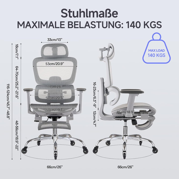Ergonomischer Bürostuhl mit Fussstütze &amp; Nackenkissen, 5-Fach Höhenverstellbare Rückenlehne, 2D Lord