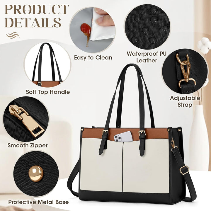 RAINSMORE Laptoptasche Arbeitstasche Damen Gross mit Isolierted Kühlfach Schwarz+braun+weiss, Schwar