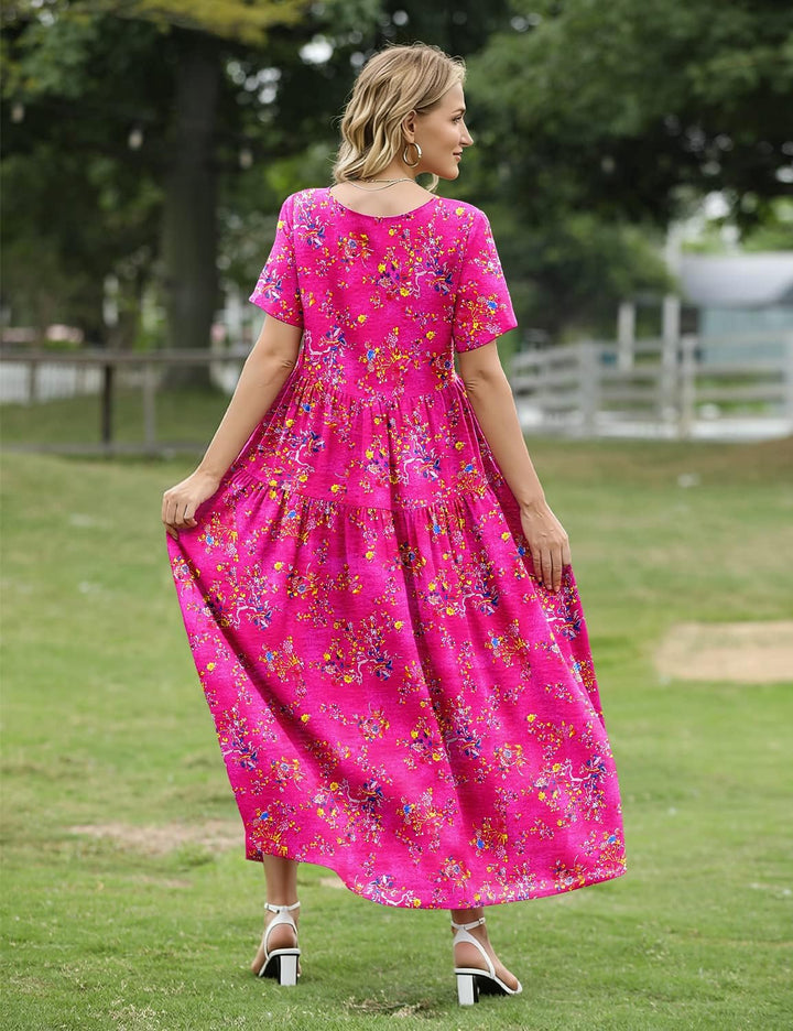 YESNO Damen Kleider Freizeit Lose Sommerkleid Lang Boho Maxikleid für Rundhals Strandkleid Blumenkle